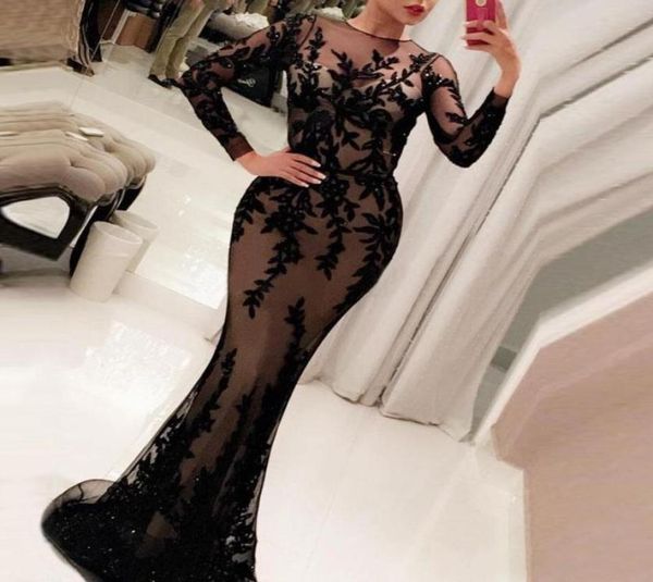 

2020 elegant long sleeve evening dresses vestidos black applique long prom dresses arabic dubai mermaid formal evening gowns8445891, Black;red
