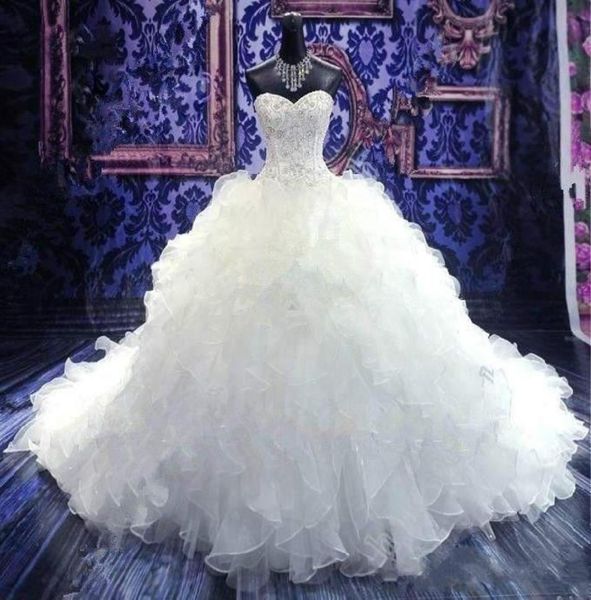 

luxury beaded embroidery ball gown wedding dresses princess gown corset sweetheart organza ruffles cathedral train bridal gowns ch8517039, White
