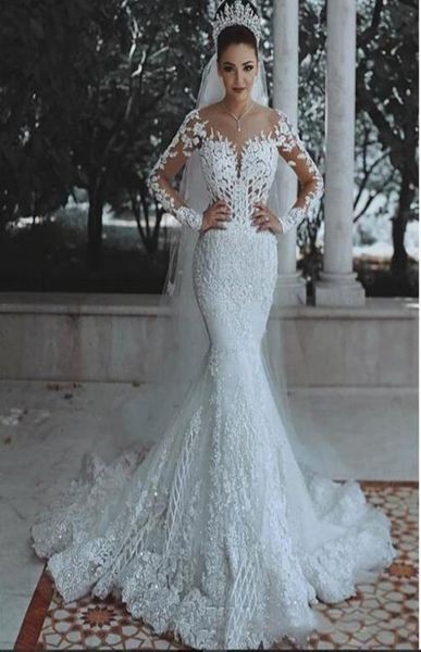 

mermaid wedding dress modern romantic gorgeous long sleeve beading lace princess bridal gown custom made appliques see through7675454, White