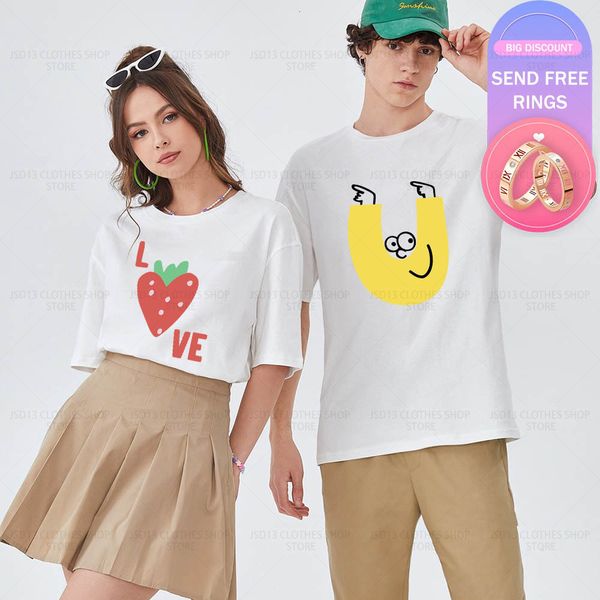 

womens tshirt summer couples love u printed lovers casual cotton tshirt women men graphic t shirt valentine look outfit clothing 230404, White