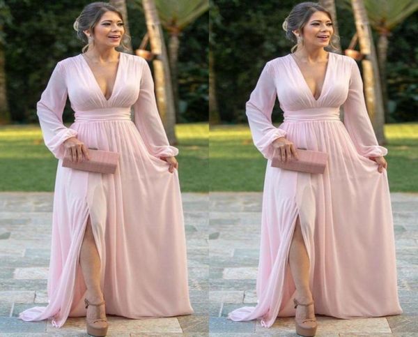 

light pink chiffon evening dresses deep v neck long sleeves prom dress side split a line bride party gowns4852794, Black;red