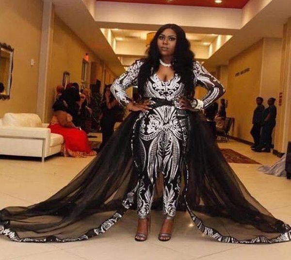 

chic black girls jumpsuits prom dresses with silver sequins lace appliques deep vneck long sleeve formal evening gowns pagea4272875