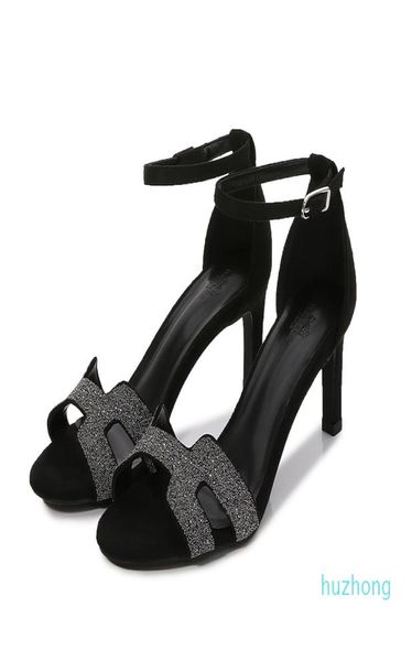 

2020 new casual word buckle with hwater drill high heel with sandals wild hollow dish sandals5679397, Black