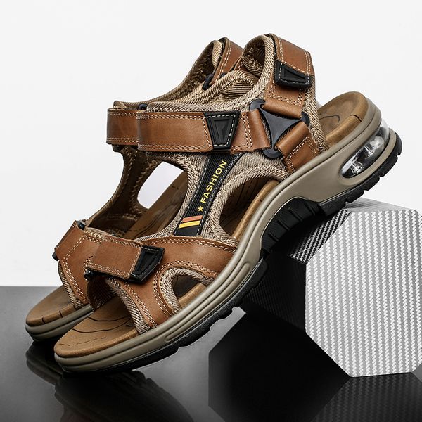 

sandals brand summer men's genuine leather slippers gladiator beach soft comfortable outdoors wading shoes 38 230404, Black