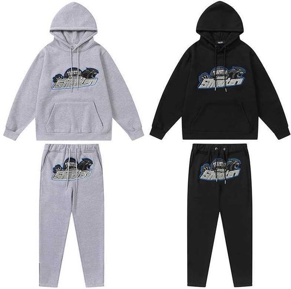 

trapstar blue grey tiger head towel embroidery plush hoodie sweater closure zipper pants set hip hop pullover, Black