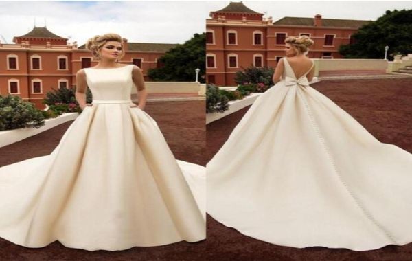 

2022 vintage country satin wedding dresses with pockets backless bow boho beach a line backless wedding dress bridal gowns bc112362388656, White