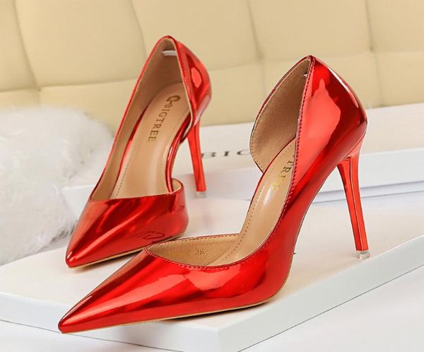 

women stiletto heel wedding shoes metallic 105cm pointed toe 8 colors hollow leather pumps club high heels shoes 1818826104909, Black
