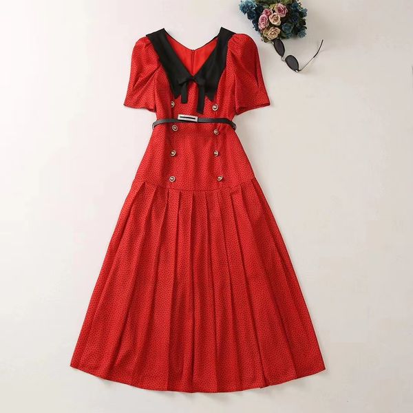 

casual dresses european and american women's clothes 2023 spring new short sleeve lapel red dot print fashion pleated belt dress xxl, Black;gray