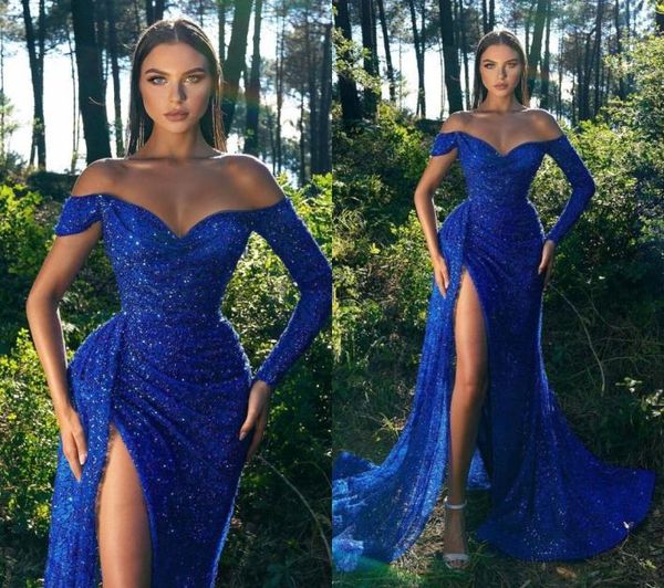

royal blue prom dresses sequins mermaid high split elegant off the shoulder ruched long sleeves evening gowns women formal dress b2412004, Black