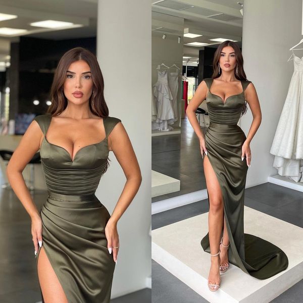 

elegant olive green prom dresses straps sweetheart slit evening dress pleats formal dresses for special occasions, Black
