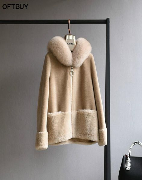 

oftbuy real fur coat winter jacket women natural fox fur collar hood 100 wool content woven outerwear teddy polar fleece plush3045268, Black