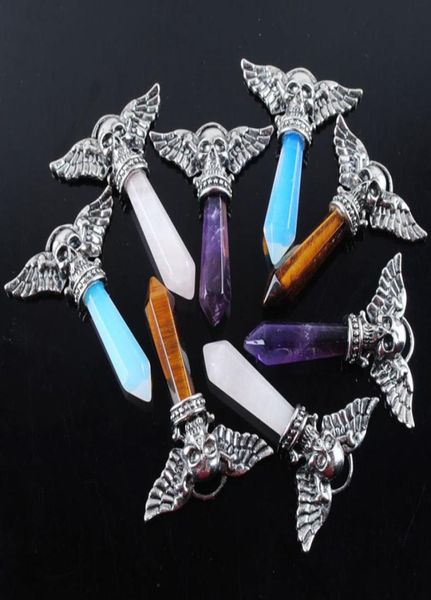 

skull wings pendant pendulum jewelry natural stone amethyst opal etc crystal pendant silver plated charms fashion mens jewelrybn325681711