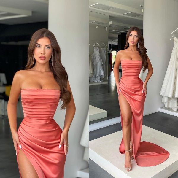 

pink prom dresses strapless party evening dress pleats thigh slit bridesmaid dress, Black