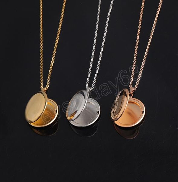

round diy po frame pendant necklace for women men glossy stainless steel locket necklace couple lover trendy jewelry gift4217242, Silver