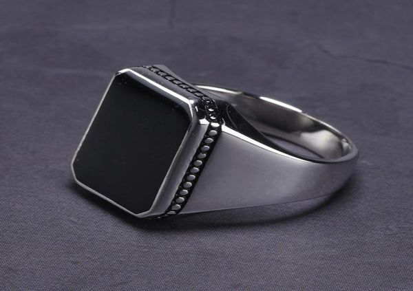 

real solid 925 sterling silver ring simple for men imitated black stone square flat high polishing middle east turkish jewelry c187541831, Slivery;golden