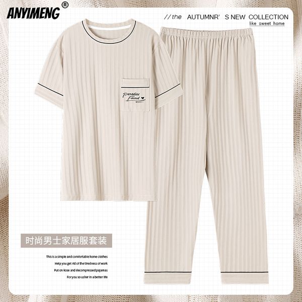 

men s sleepwear elegant mens big size luxury male pajamas summer night wear short sleeve long pants pijama cotton pajama for man 230404, Black;brown