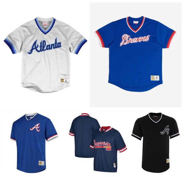 

braves mitchell ness atlanta cooperstown mesh batting v-neck baseball jersey size s-4xl, Blue;black