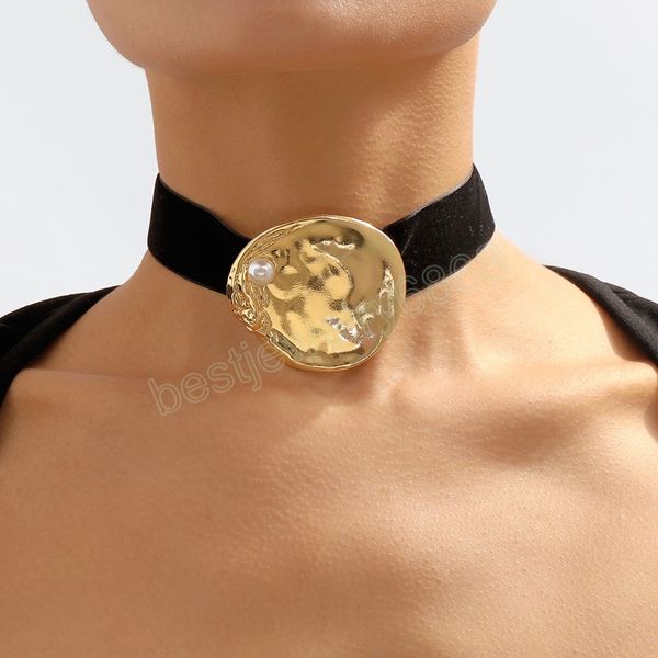 

big round choker necklace for women girls fashion simple choker gold silver color black velvet rope necklace new jewelry, Golden;silver