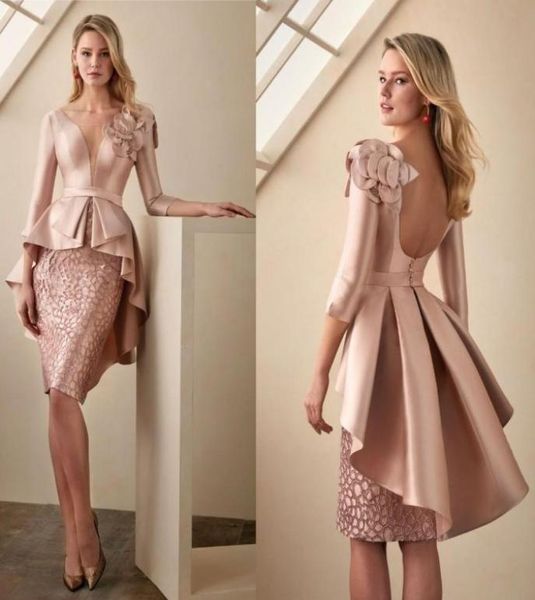 

rose gold sheath mother of the bride dresses 34 long sleeves lace floral appliqued knee length wedding guest dress backless prom 9517258, Black;red