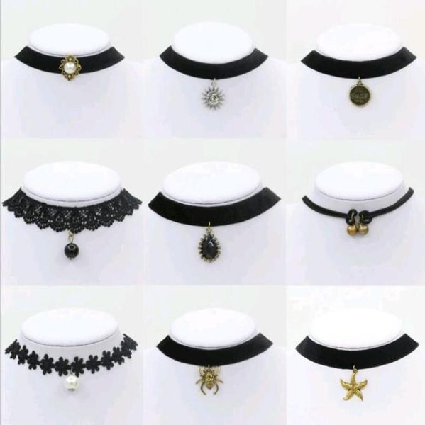 

flower lace choker necklaces for women velvet ribbon collar torques neckband with pearl bell sea star pendants chokers mix order f2625391, Golden;silver
