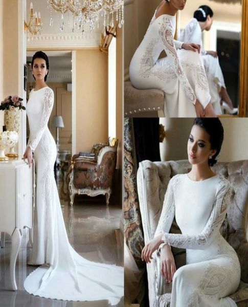 

2020 modest satin mermaid wedding dresses lace appliqued beaded sweep train boho wedding dress bridal gowns plus size long sleeves9816832, White