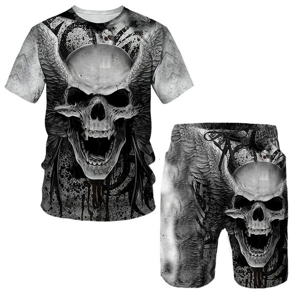 

men s tracksuits punk skull 3d printed oversize t shirt shorts sets sportswear tracksuit gothic graphic tee summer clothing suit 230404, Gray