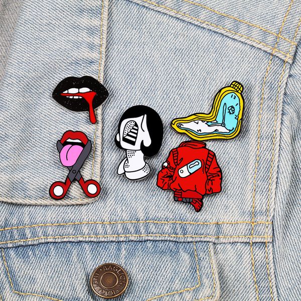 

eyes mouth red clothes clocks human head badges cute anime movies games hard enamel pins collect metal cartoon brooch backpack hat bag colla, Blue