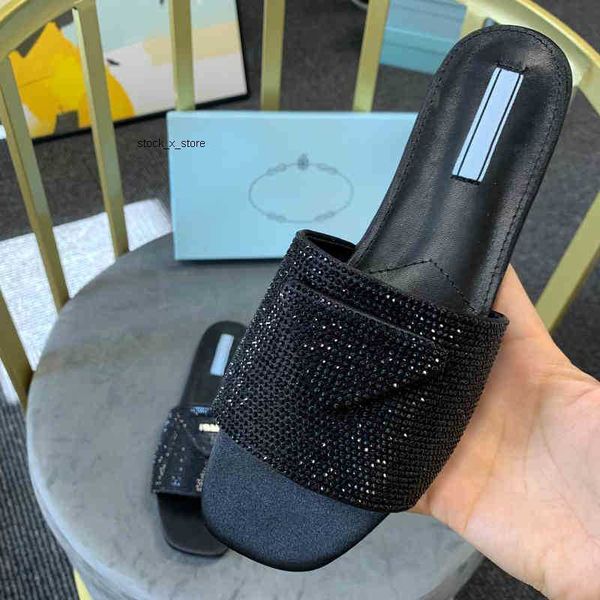 

casual shoes designer slippers satin slides with crystals slide crystal classics triangle slipper for women flat rubber sole slide fashion, Black