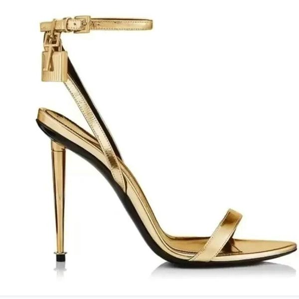 

23s elegant brand women shoes padlock pointy naked sandals shoes hardware lock and key woman metal stiletto heel party dress wedding eu35-43, Black