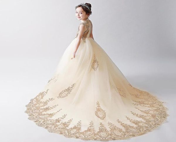 

long trailing girl039s pageant birthday party dress gold tulle sequin flowers girl princess dress fluffy kids first communion d6524305, White;red