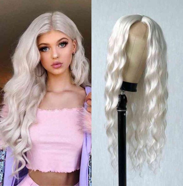 

platinum blonde synthetic lace wigs 24 inches long body wave synthetic wig white wavy lace wigs for women 2201216040486, Black;brown
