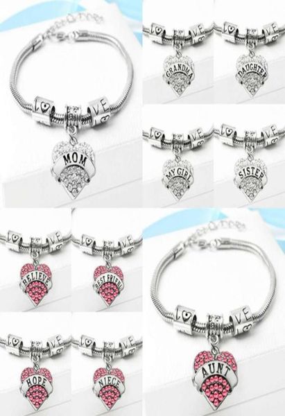 

54 types diamond love heart charm bracelet crystal family member mom daughter grandma believe faith hope friend wristband for6080997, Golden;silver