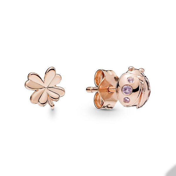 

rose gold clover and ladybird stud earrings for pandora 925 sterling silver cute earring set jewelry for women girlfriend gift party earring, Golden;silver