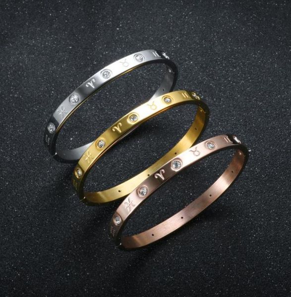 

bangle luxury 12 constellation bracelet women stainless steel lover bangles for men female fashion crystal wedding couple jewelry 9816793, Black