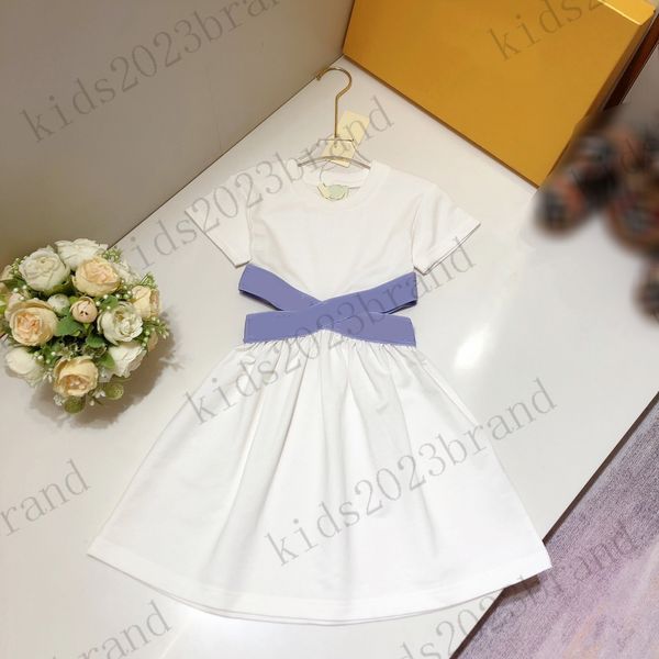 

white elastic crossover dress luxury designer girls cotton dresses with belt skirts luxury short sleeves pleated dresses for girls children, Red;yellow