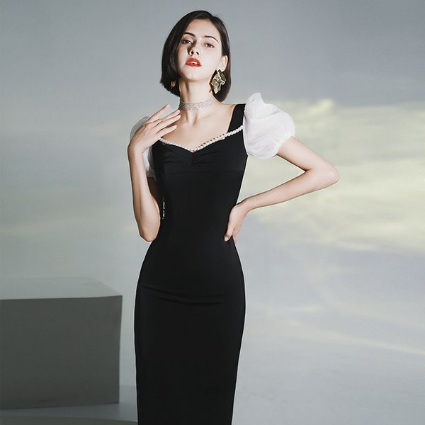 

black satin celebrity dresses mermaid pearls puff sleeve high waist knee-length slim fit formal party prom evening gowns new, Black;red