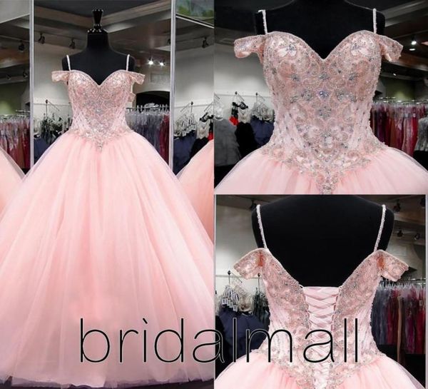 

pink ball gown quinceanera dresses crystal beaded sweetheart spaghetti straps backless sweet 16 puffy party pageant prom evening b4079680, Blue;red