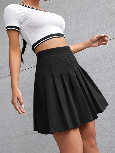 

skirts preppy style high waist solid pleated mini skirt women's summer spring korean fashion cute white a-line skort y2k tight 230406, Black