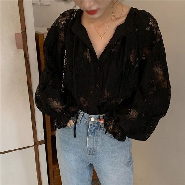 

women's blouses shirt's hollow out shirt casual female loose spring solid vintage mujer fashion chic retro harajuku streetwear 230, White