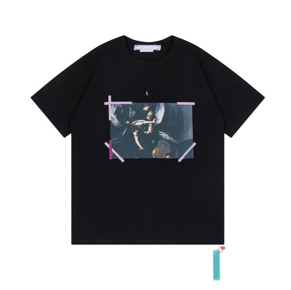 

couple t shirt short sleeve scoop neck fashion black white oil painting male female outderwear big logo solid, White;black