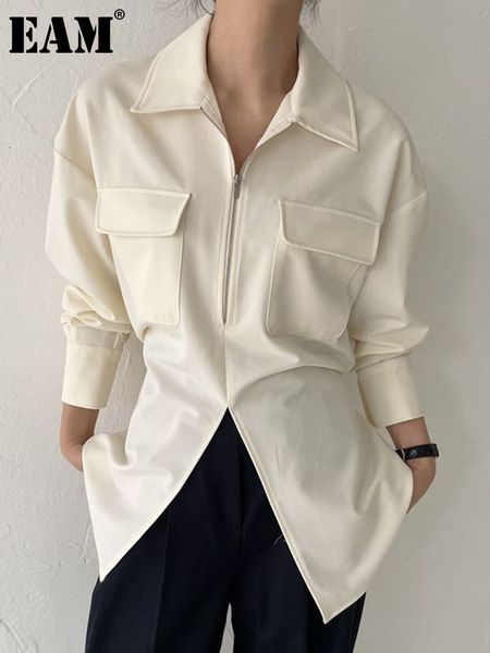 

women's blouses shirts eam women white zipper pocket back bandage blouse lapel long sleeve loose fit shirt fashion spring autumn 2023 1