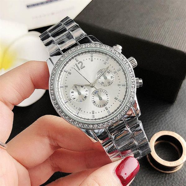 

brand wrist watch for women girl 3 dials crystal style steel metal band quartz watches tom322447, Slivery;brown