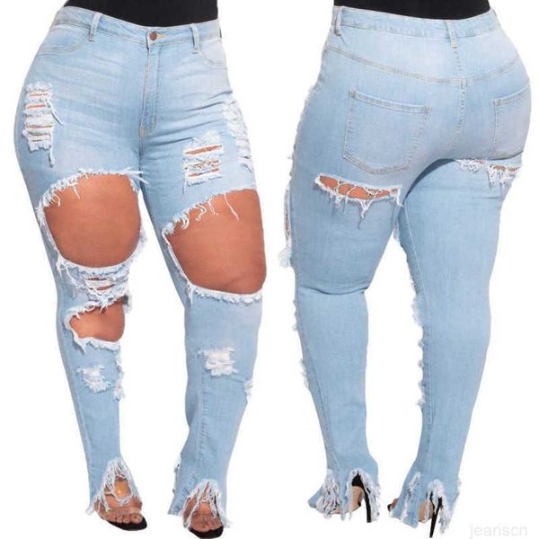 

women's light wash water worn holes wash water fashion new jeans pencil pants xl-5xl, Black