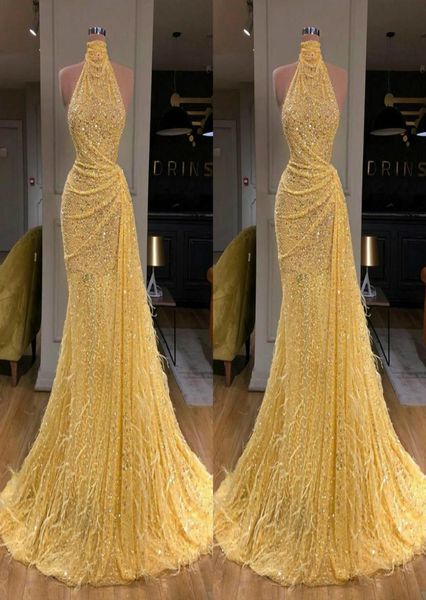 

yellow 2020 prom dresses high neck sequined a line beaded evening dresses luxury feather formal party pageant gowns4506390, Black