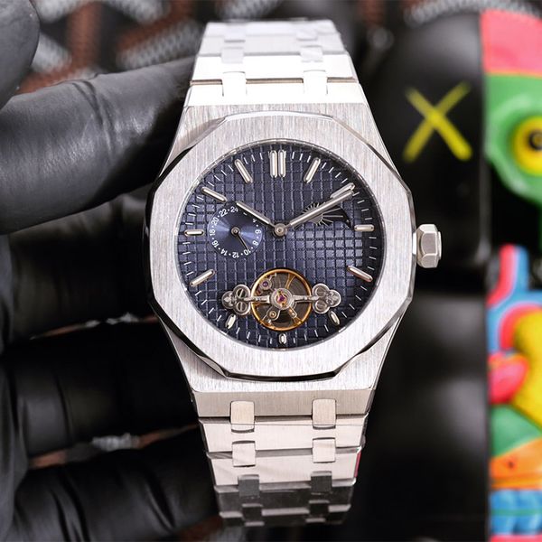 

watch mens watch 45mm tourbillon automatic mechanical wristwatch stainless steel waterproof montre de luxe moon phase, Slivery;brown