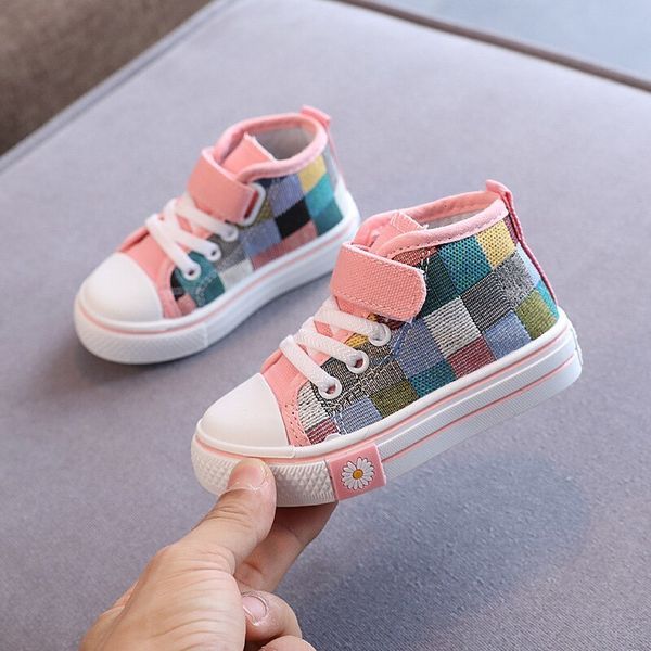 

sneakers children's sports shoes children's casual shoes boys and girls' canvas shoes high plaid plaid fashionable and breath, Black;red