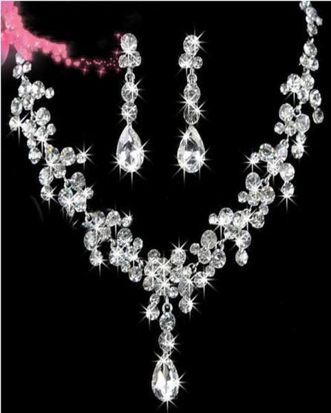 

stock 2022 luxury crystals jewerly two pieces earrings necklace rhinestone wedding bridal sets jewelry set9261195, White