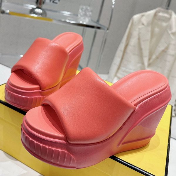 

womens summer fashion slipper high platform wedge slide sandal designer mule high heeled genuine leather slip on open toe, Black