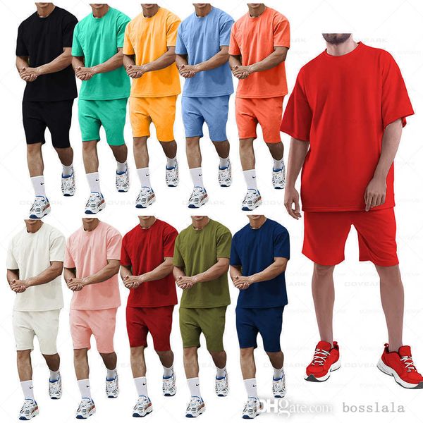 

casual mens tracksuits cotton two piece sets solid color sjort sleeve t shirt and shorts summer 2023 sweatsuits, Gray