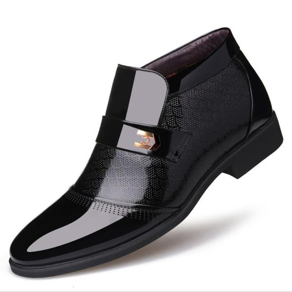

boots luxury patent leather business chelsea boots mens winter ankle boots mens thick artificial fur snow boots hombre dress shoes 230406, Black